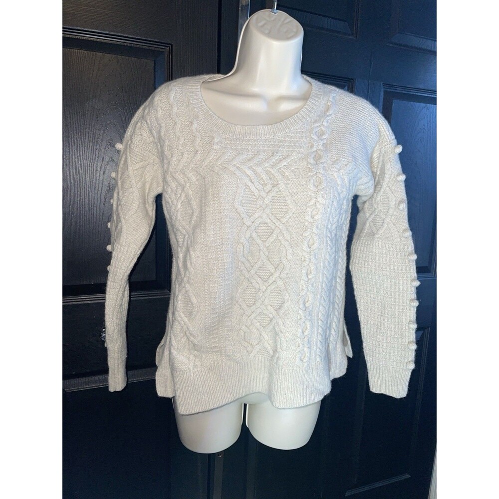 Madewell XS Cream Cable Knit Merino Wool Bobble Pom Pom Sweater Cottagecore Cozy